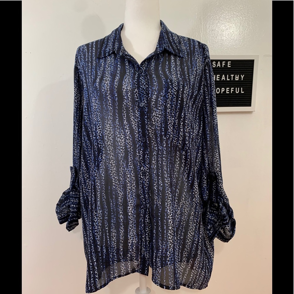 Michael Kors Animal Print Button Down Navy and White Blouse - Picture 2 of 11